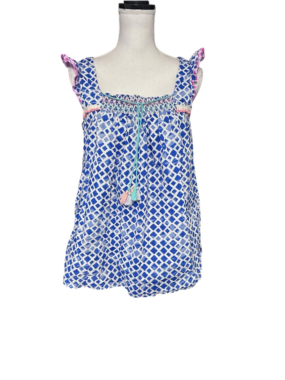 Matilda Jane Wandering Waters Smocked Top Womens M Blue Geometric Boho Preppy